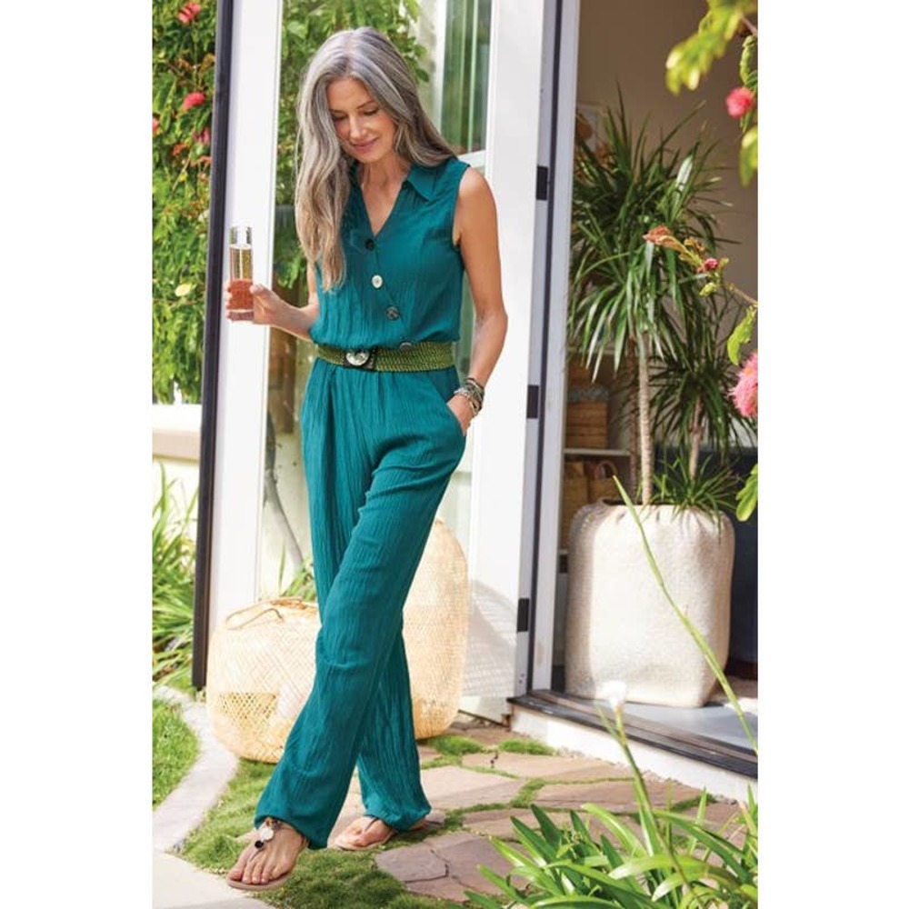 Soft Surroundings Women's Rio Jumpsuit Size PL Green Blue V Neck Gauze Pockets